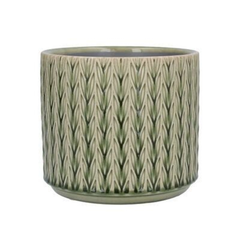 Ceramic pot cover in green staghorn design. The perfect addition to your home or garden for Spring. By Gisela Graham.